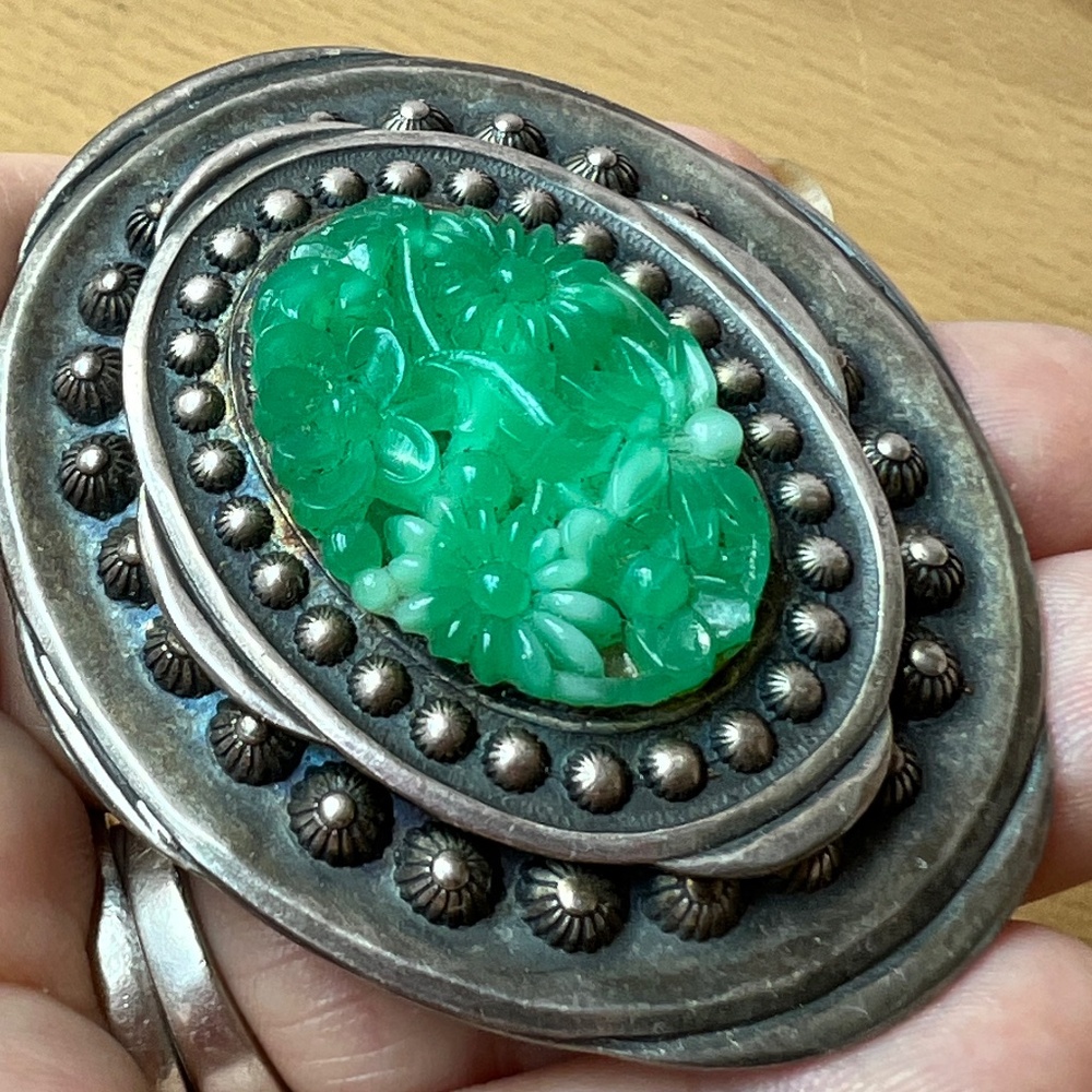 VINTAGE CHINESE EXPORT STERLING CARVED PEKING GLASS STATEMENT PENDANT PIN BROOCH - Picture 13 of 16